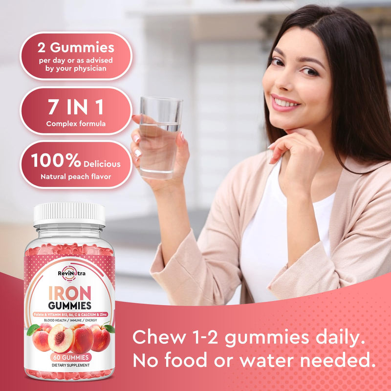 Iron Gummies with Zinc, Calcium, Vitamin C, B6 & B12 | Iron Supplement for Women, Men & Kids | Supports Anemia & Deficiency, Blood Builder & Cell Formation | Chewable Peach Flavor, 60 Gummies 60 Count (Pack of 1)