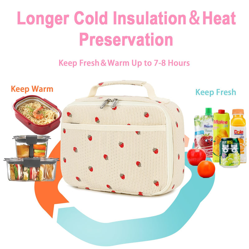 [Australia] - Bluboon Corduroy Insulated Lunch Bag for Girls - Strawberry Beige School Lunch Tote with Cooler Compartment Corduroy-strawberry 