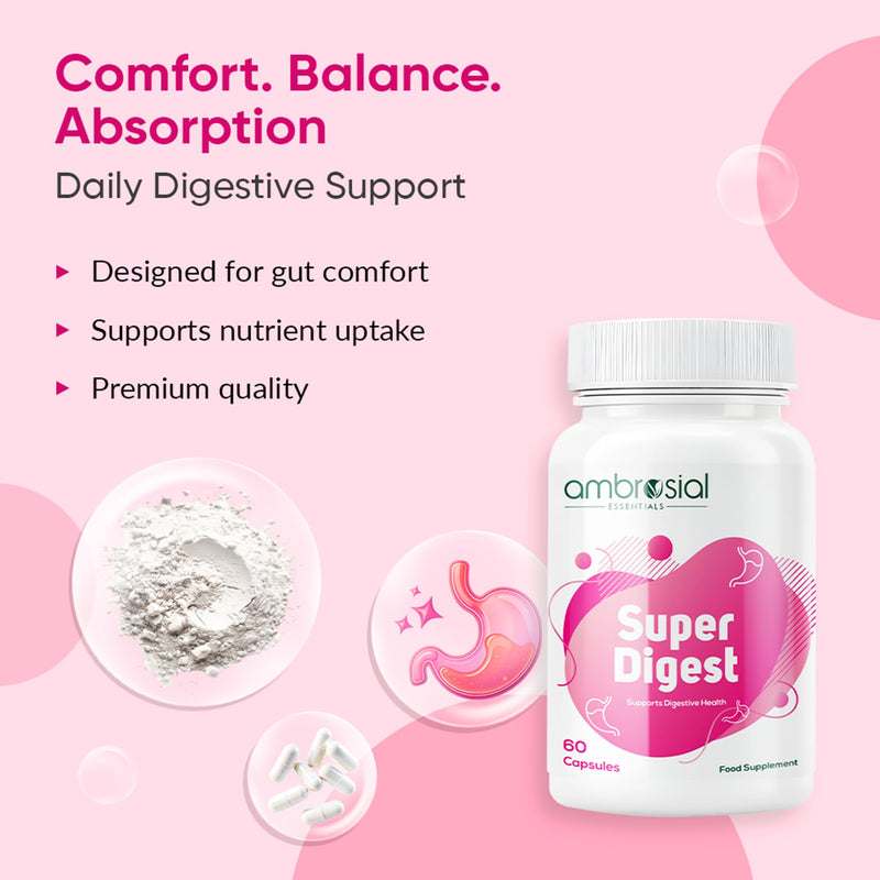 Ambrosial Super Digest – Advanced Digestive Enzyme Supplement with Betaine HCl, Pepsin, Ox Bile & L-Glutamic Acid – Gut Health & Nutrient Absorption Support – GMP-Certified, 60 Capsules (2 Months)