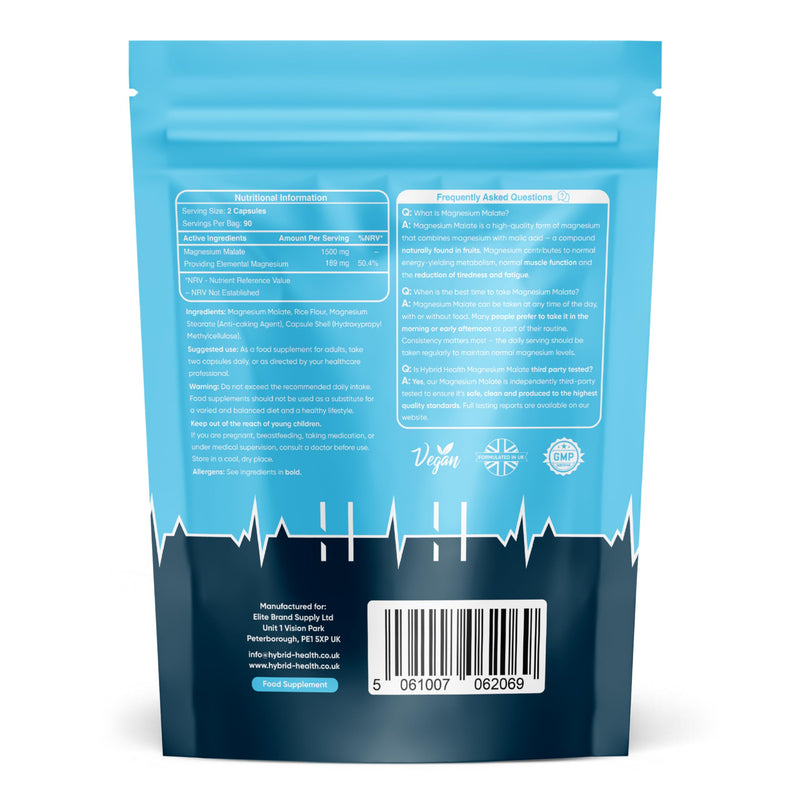 Hybrid Health Magnesium Malate 1500mg Supplement - 180 Vegan Capsules, High-Strength Formula, Independently 3rd Party Lab Tested, 3 Months Supply