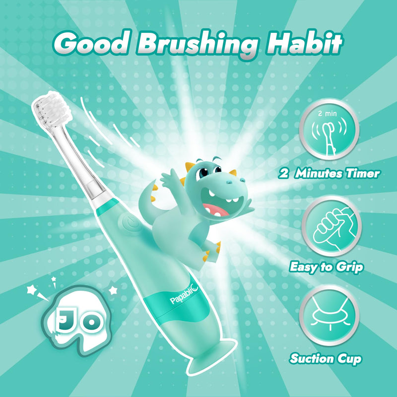 [Australia] - Papablic Toddler Sonic Electric Toothbrush Kids for Ages 1-3 Years, Baby Electric Toothbrush with Cute Dino Cover and Smart LED Timer, 2 Brush Heads (Jo) 2 Brush Heads Jo 