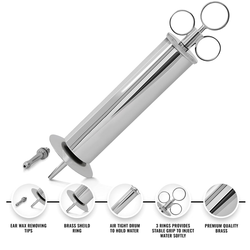 [Australia] - Ear Wax Removal Syringe – Durable Brass with Chrome Plating, Tri-Stream Tip, Easy & Safe Ear Wax Irrigation, Latex-Free, 8 Oz 8 Oz - CP 