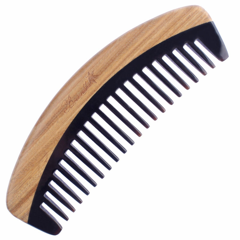 Breezelike Hair Comb - Wide Tooth Wooden Detangling Comb for Curly Hair - No Static Sandalwood Buffalo Horn Comb for Men and Women Black Buffalo Horn Wide Tooth