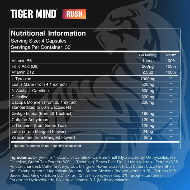 Tiger Mind Rush Nootropics Brain Supplement with Vitamins B12, B6, Folic Acid (B9), Lion's Mane, Ginkgo Biloba & More | For Energy, Focus & Memory Functions | Non-GMO, Vegan, Made in the UK, 120 Count