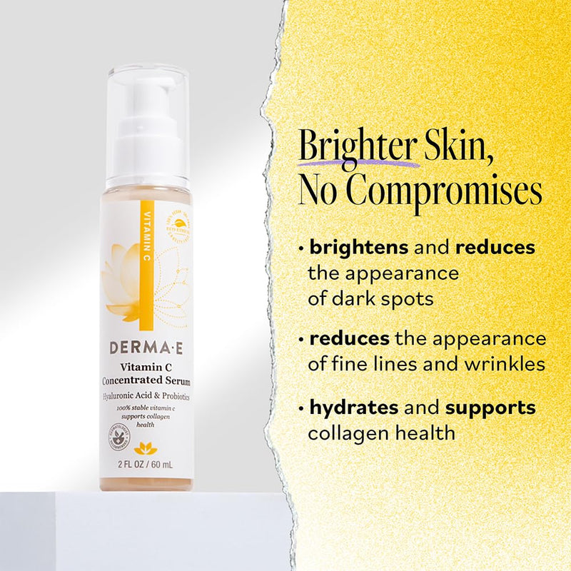 DERMA E Vitamin C Concentrated Serum, 2 Oz, with Hyaluronic Acid, Vitamin E & Aloe, All Natural, Antioxidant-Rich Concentrated Formula, Hydrating & Brightening Vitamin C Face Serum