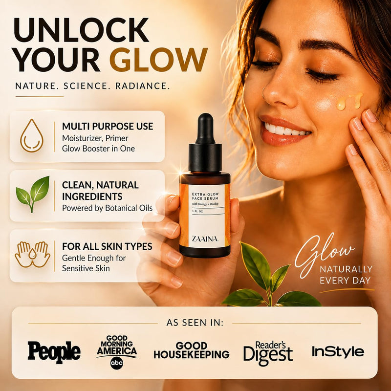 Extra Glow Face Oil Serum for Glowing Skin – Hydrating Ayurvedic Facial Oil with Rosehip & Vitamin E – Lightweight Makeup Primer for Dry, Dull & Sensitive Skin - 1 oz