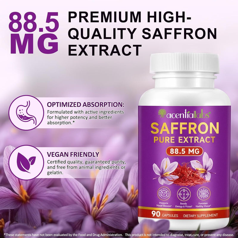 100% Pure Saffron Extract - Supports Weight and Appetite Health, Mood, Focus, Memory, Digestion, Eye, Skin and Brain Health. NSF Certified Saffron Supplements for Women and Men, 45-Day Supply.