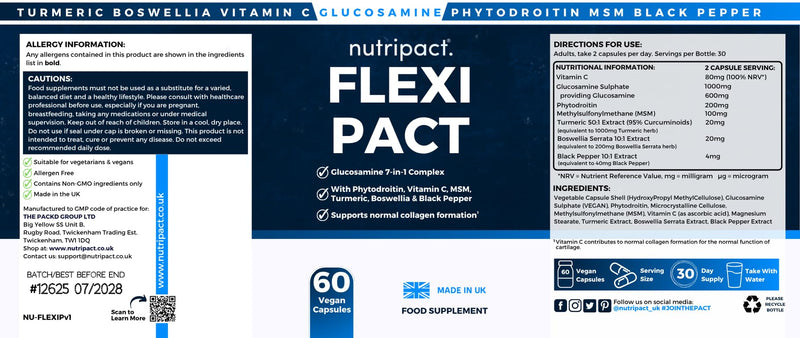 Glucosamine Joint Care Support Supplement 7-in-1 High Strength Complex with Vegan Chondroitin, Turmeric, Vitamin C, MSM, Boswellia Serrata & Black Pepper – 60 Capsules – Flexi Pact by Nutripact