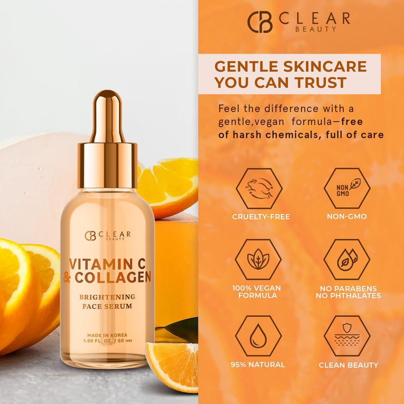 Clear Beauty Vitamin C Serum For Face with Collagen – Dermatologist Tested, Anti Aging, Korean Skin Care – Hydrates, Firms, Targets Dark Spots & Supports Skin Barrier – Vegan, Clean Beauty, 1.69 Fl Oz Vitamin C & Vegan Collagen