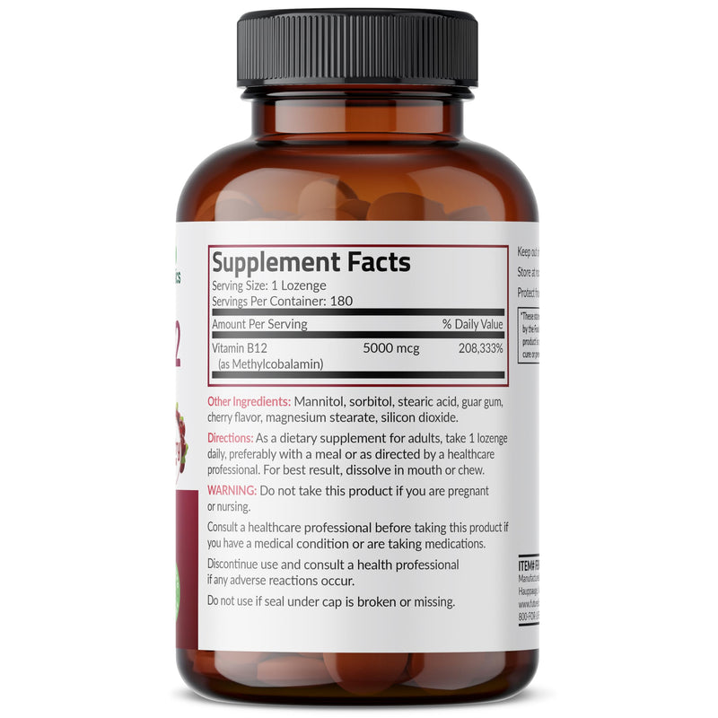 Futurebiotics Methyl B12 5000 MCG Vitamin B12 Methylcobalamin, Cherry Flavor Non-GMO, 180 Vegetarian Lozenges 180 Count (Pack of 1)