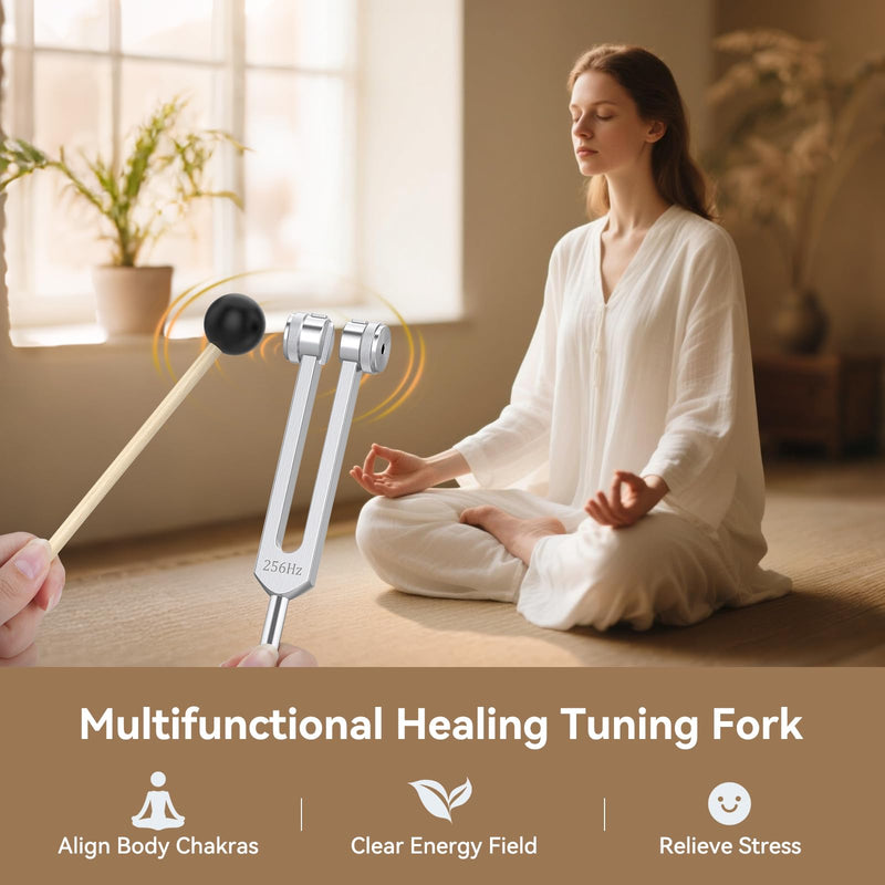 [Australia] - Tuning Forks for Healing Set (128Hz, 256Hz, 512Hz), with Percussion Hammer Mallet, Crystal Base & Storage Pouch, Sound Therapy Instrument for Chakra/Yoga/Meditation 