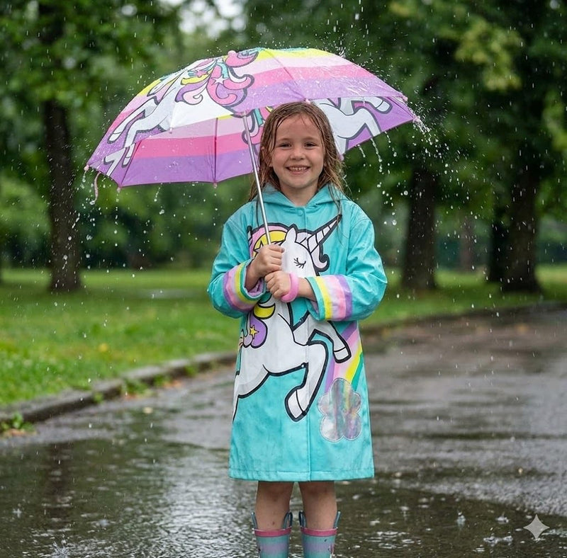 addie & tate Kids Umbrella for Girls and Boys & Rain Coats Set -Toddler Umbrellas Kids Raincoat Boys Girls Jacket 5-7 Years Unicorn