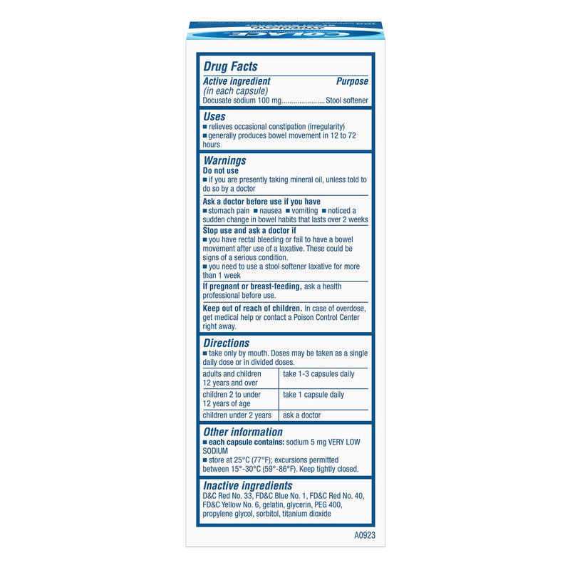 [Australia] - Colace Regular Strength Stool Softener 100 mg Capsules 100 Count Docusate Sodium Stimulant-Free for Gentle, Dependable Occasional Constipation Relief 100 Count (Pack of 1) 