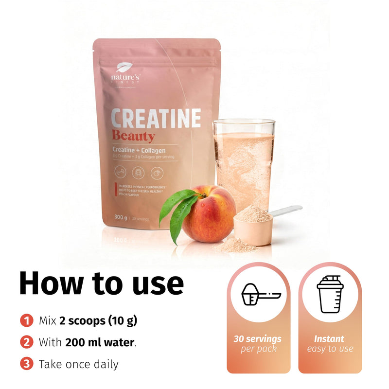 Nature's Finest by Nutrisslim Beauty Creatine Powder for Women, Creatine, Collagen & Biotin, Peach Flavour, 300 g, 30 Servings, Food Supplement 300 g (Peach Flavoured) with Collagen, Biotin