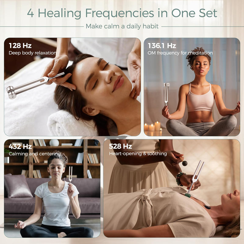 Tuning Forks for Healing Set, 128Hz 136.1Hz 432Hz 528Hz Sound Kit | Weighted and Unweighted Tuning Forks with Activator and Pouch for Meditation, Yoga, Sound Practice and Relaxation
