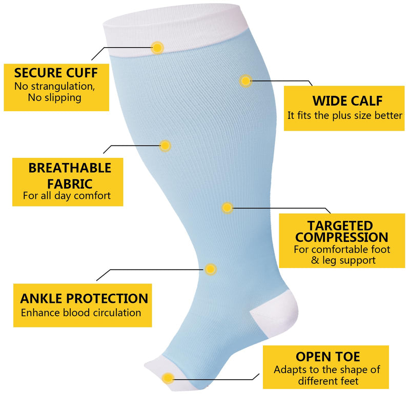 [Australia] - Open Toe Plus Size Compression Socks for Women & Men 15-20 mmhg Toeless Wide Calf Compression Support Knee High Socks Baby Blue 3X-Large-4X-Large 