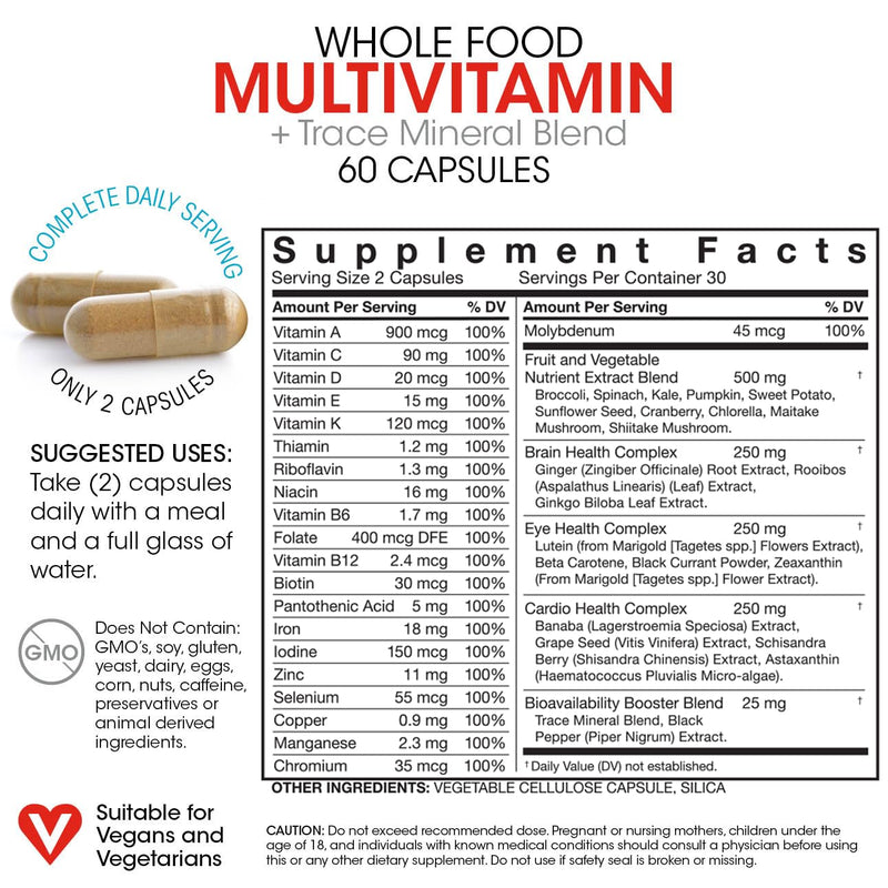 Silver Fern Whole Food Daily Multi Vitamin w/Trace Mineral Blend Supplement | 1 Bottle - 60 Vegicaps - 30 Day Supply - Natural, Non-GMO, Vegan, Men's & Women's Multivitamin - Zero Synthetics 60 Count (Pack of 1)