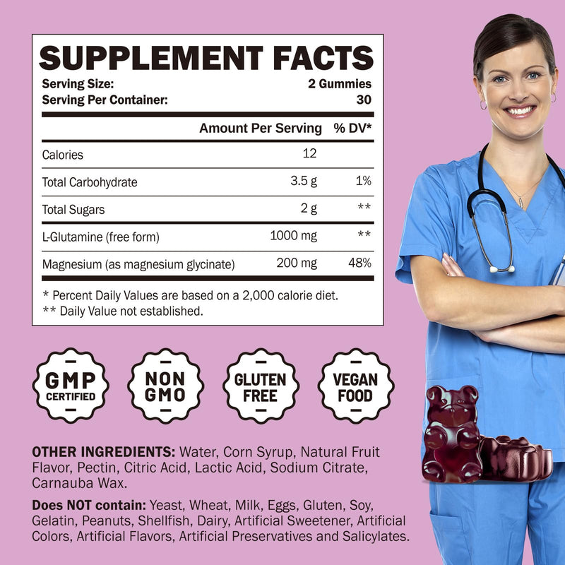 [Australia] - L Glutamine 1000mg Gummies - Muscle Relief & Immune Support, Amino Acid Supplement with Magnesium Glycinate, Vegan & Non-GMO, Gluten Free (60 count) 1 
