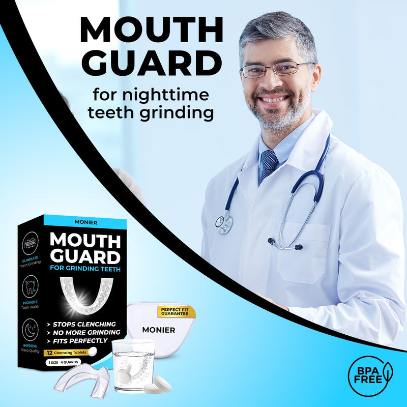 [Australia] - Mouth Guard for Grinding Teeth at Night | Dental Night Guard for Clenching & Better Sleep | 4 Moldable Mouthguards with 12 Cleansing Tablets 