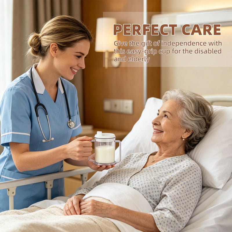 Adult Sippy Cup for Elderly, 10 oz Plastic Spill Proof Cups with 2 Handles for Adult Elderly Care Hospital Drinking Mug Easy to Grasp Handles for Hot and Cold Beverages