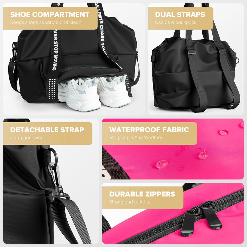Sport Gym Bag for Women, Carry on Tote Personal Item Bag with Shoes Compartment, Travel Duffle Bag for Girl, Lightweight Overnight Luggage Bag for Travel, Airplanes, Sports - Hot Pink Gym Bag - Pink Other Sizes