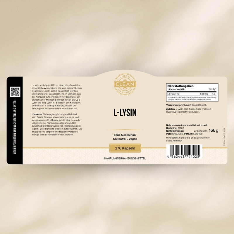 [Australia] - I-like-it-Clean® - L-Lysine - 500 mg L-Lysine HCl per capsule - 270 capsules - from plant fermentation - vegan, laboratory tested, without genetic engineering, without additives - produced in Germany 