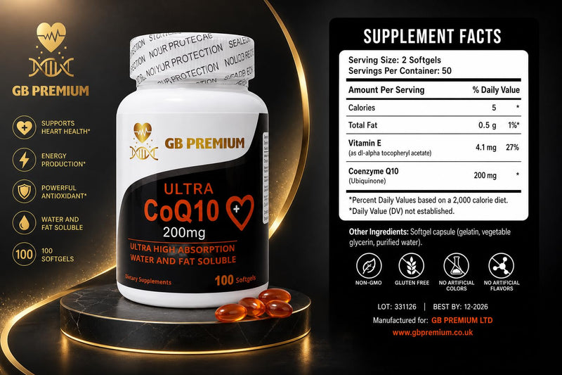 Coenzyme Q10 200mg Softgels, CoQ10 Ubiquinone Supplement, Water and Fat Soluble Formula, High Strength, 100 Count