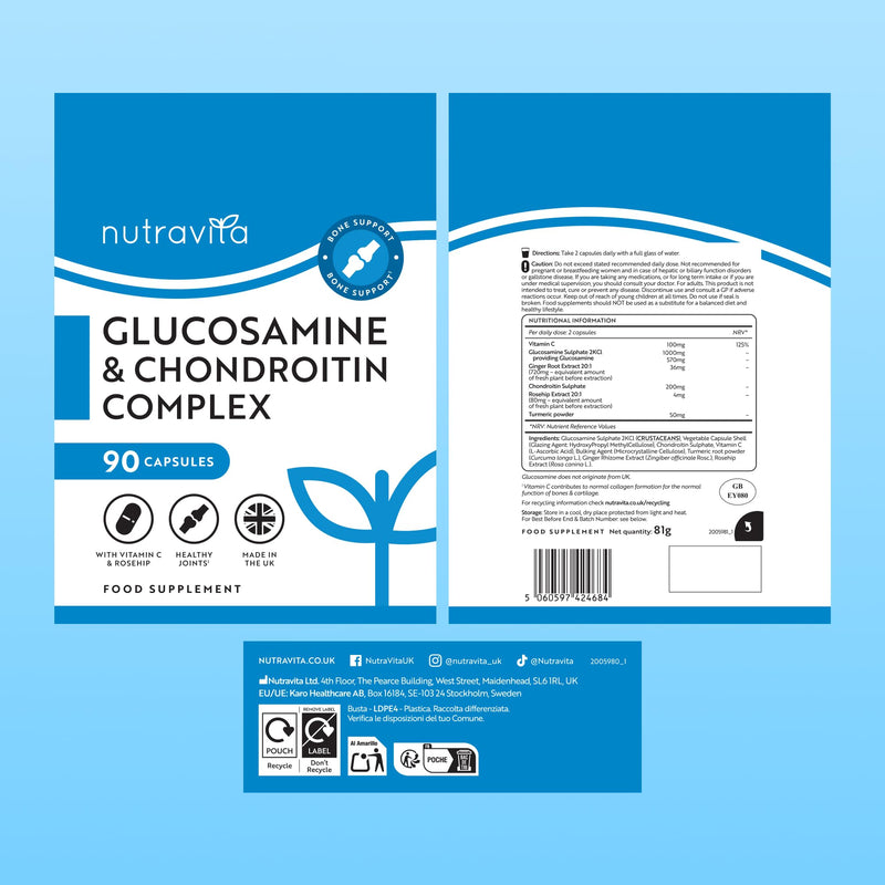 Nutravita Glucosamine and Chondroitin - 90 Capsules - Glucosamine and Chondroitin High Strength - 6-in-1 Complex with Added Vitamin C, Turmeric, Ginger & Rosehip - Food Supplements Made in The UK