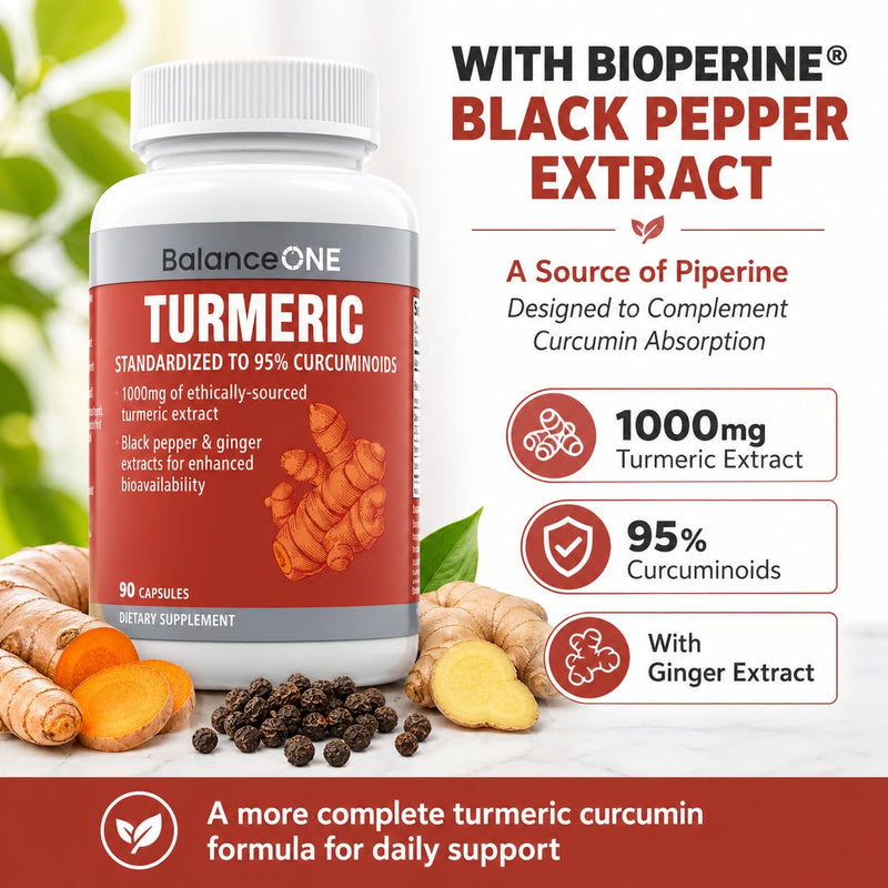Balance ONE Turmeric Curcumin Supplement, 1000mg, Black Pepper, 90 Capsules | Turmeric Extract, 95% Curcuminoids, Turmeric With Piperine, Curcumin With Black Pepper, BioPerine, Piperine Extract, Ginger