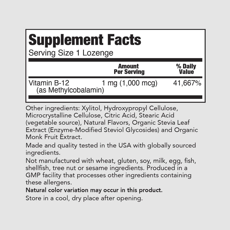 PureFormulas Methyl B12 Lozenges for Energy Boost & Nervous System Support, Vegan B12 Supplement with Methylcobalamin, Gluten-Free & Dairy-Free, Easy Absorption - 100 Count