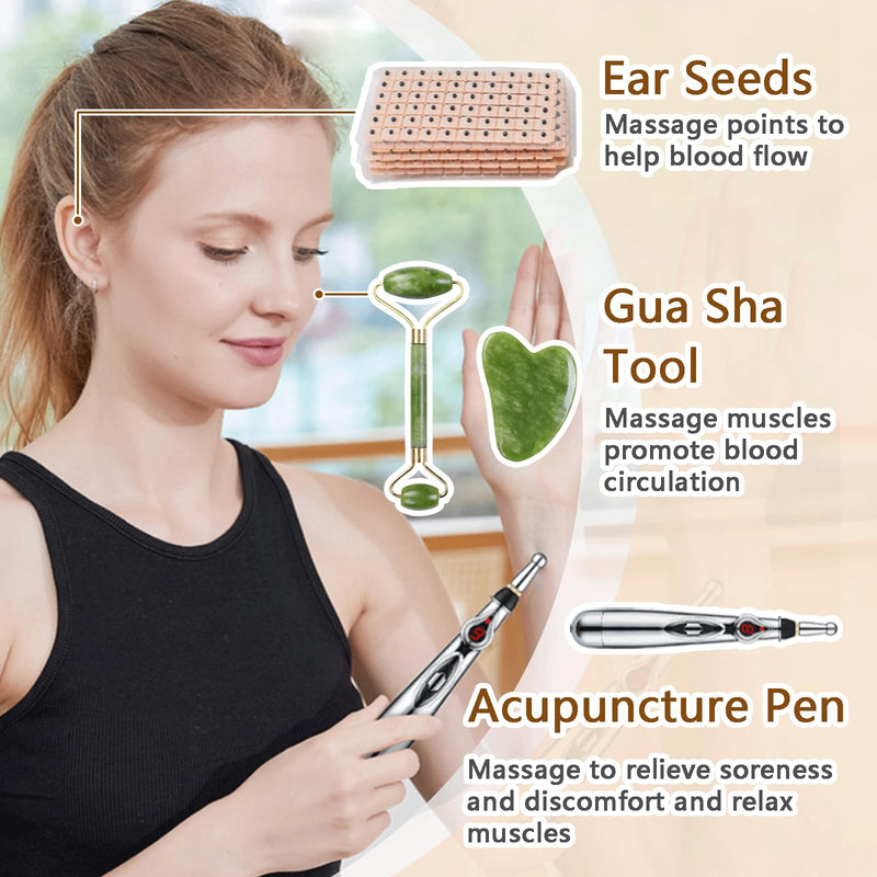 [Australia] - Acupuncture Super Set: 5-Head Electronic Acupuncture Pen+ Gua Sha Tool+600 Ear Seeds+ Retractable Acupuncture Pen+ 4 x Extra Massaging Gel+ Tweezers + Manual+ Batteries + 2 x Acupoint Chart Acupuncture Set(with Chart) 
