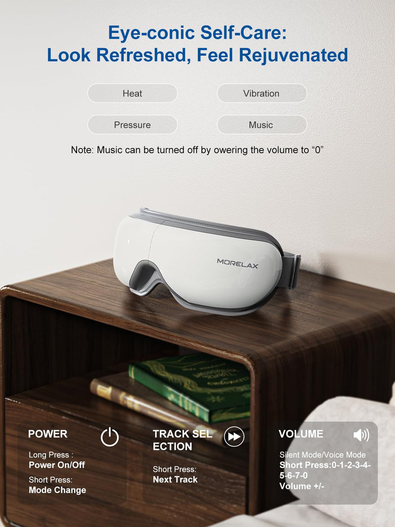 [Australia] - Morelax Eye Massager with Heat & Bluetooth Music, Birthday Gifts for Women, Reduce Eye Strain, Headache Relief and Improve Sleep, Eye Care Device for Migraine Without Display - White 