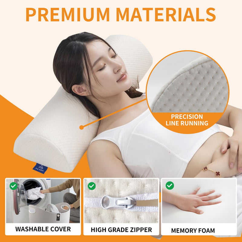 [Australia] - Half Moon Bolster Knee Pillow, Back Pain Relief Memory Foam Leg Pillow, Semi Roll Round Lumbar Leg Wedge for Side Sleepers - Reducing Head Neck Spine Hip Pressure - M White 18.5" x 8" x 4.5" 