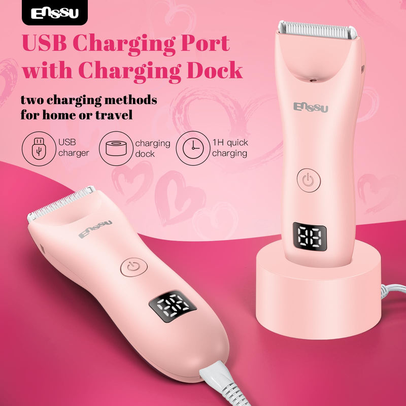 [Australia] - Bikini Trimmer for Women - 2 in 1 Pubic Hair Trimmer IPX7 Waterproof, Razors for Women with LED Light & USB Charge, Painless Electric Shaver with Ceramic Blade for Bikini Legs Arm Underarm 