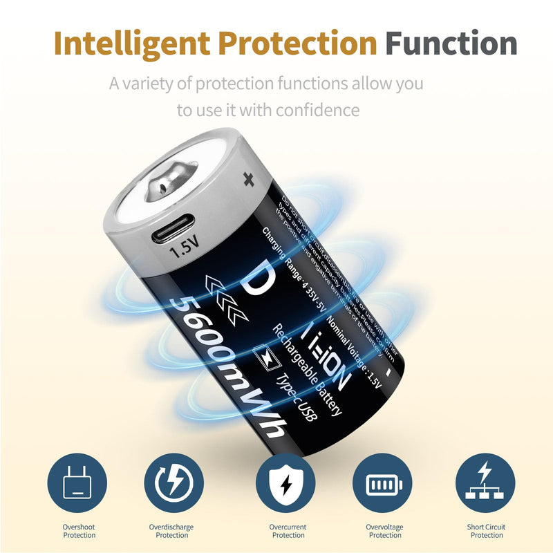[Australia] - Rechargeable D Batteries 1.5V 5600mWh Lithium-ion Batteries with 4 in 1 USB-C Charging Cable, D Li-ion Batteries 1000 Cycles for Flashlight, Water Heater, Gas Stove (4 Pack) 