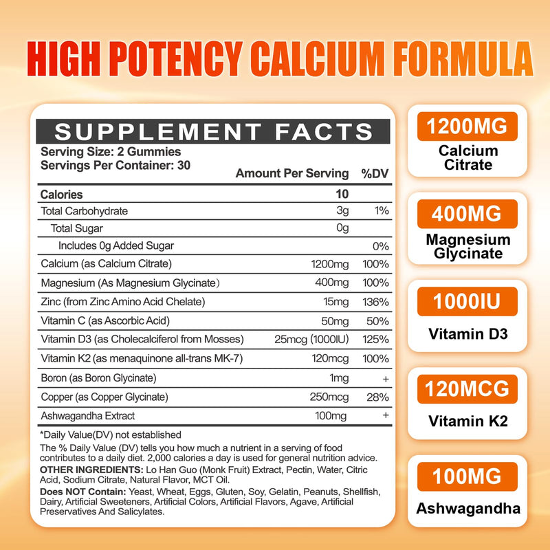 [Australia] - Calcium 1200 mg with Vitamin D3 Gummies for Adults - Calcium Citrate with Vitamin D3 K2, Magnesium, Zinc, Boron, Copper and Ashwagandha - Extra Absorption Calcium Supplement for Women Men Orange 60 Count (Pack of 2) 