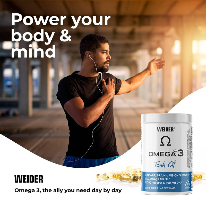 Weider Omega 3 (90 Softgels) with Fatty Acids EPA and DHA, Vitamin E, Support the Normal Functioning of the Heart, Brain and Vision Fish 90 softgels