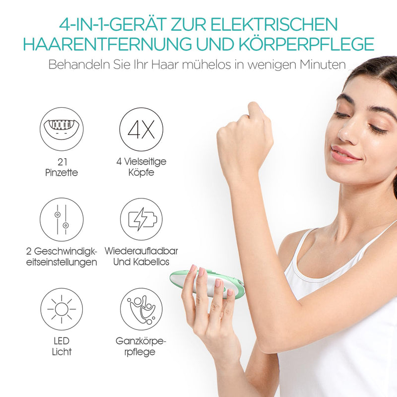 [Australia] - VOGOE Women's Epilator for Hair Removal, Body Epilator 4 in 1 Electric Wireless, 21 Tweezers for Face Legs Arms Bikini, HR310 Green 