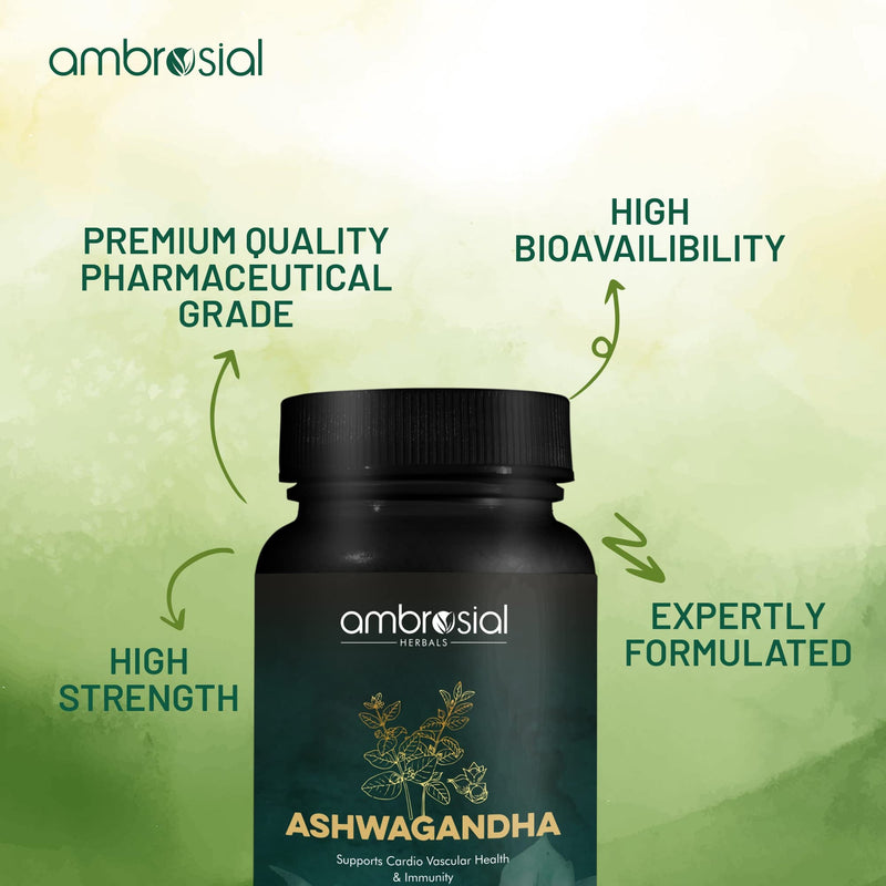 Ashwagandha 500mg 120 Tablets | Herbal Supplement | 100% Natural & Vegan | High Strength | Immunity Support | By Ambrosial 60 count (Pack of 2)