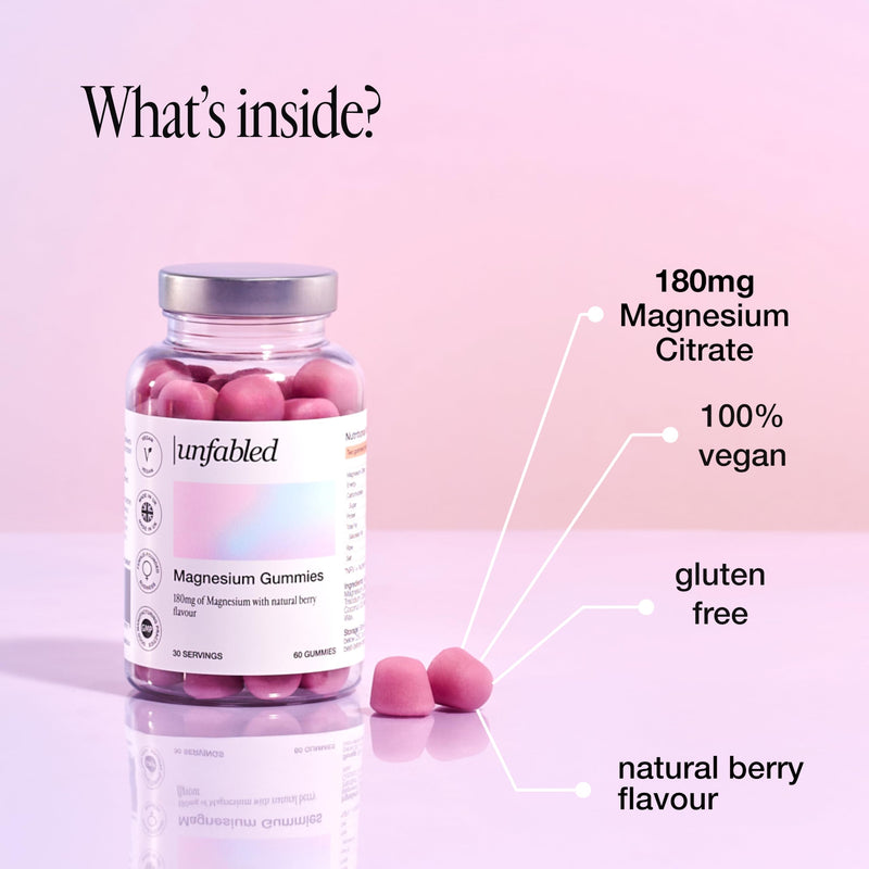Unfabled Magnesium Gummies for Women, 60 Vegan Gummies, 180mg Magnesium Citrate, Energy-Yielding Metabolism & Nervous System Function, Berry Flavour