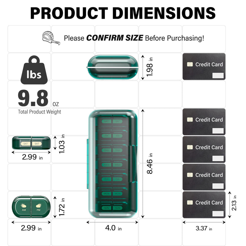 Weekly Pill Organizer 2 Times a Day, Moisture-Proof, Detachable Compartments, AM PM Pill Box 2X 7 Day, Travel Pill Organizer for Pills/Fish Oil/Medication/Vitamin/Supplements (Dark Green) Dark Green 2 Times x 7 Days