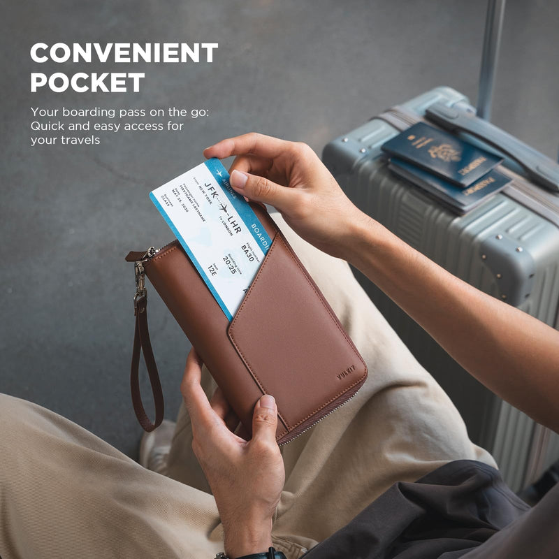 VULKIT Family Passport Holder for 4 Passports, RFID Blocking Travel Wallet | 6 Card Slots, 2 SIM Pockets, Secure Zipper Closure, Holds 4 Passports, Family Travel Essential Espresso Casual