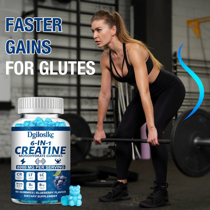 1 Pack 8000MG Creatine Monohydrate Gummies with 500mg BCAAs for Men & Women, L-Taurine, Vitamin B6 12, Workout Gym Support for Performance and Muscle Power, Powder Tablets Blueberry, 90ct