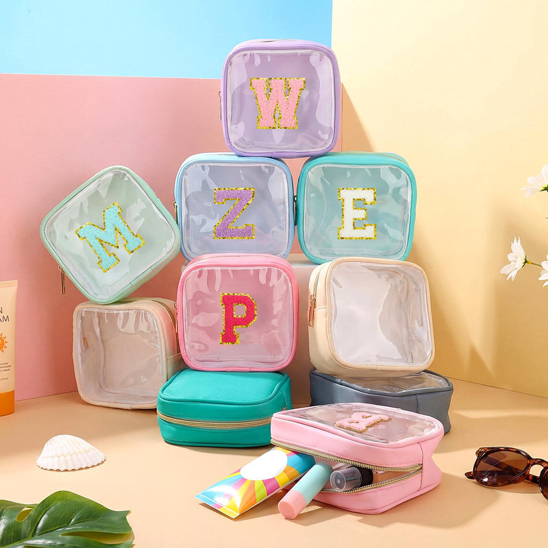 10 Pcs Initial Clear Makeup Bags Mini Personalized A-Z Preppy Patch Chenille Letter Cosmetic Bag Preppy Nylon Makeup Bag Small Pouch Waterproof Toiletry Bags for Women Wedding Bride Gift(Clear) Macaron Colors