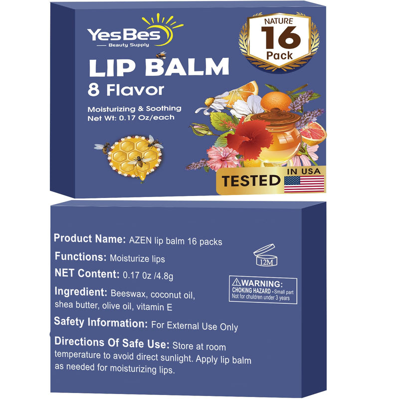 YesBes 16 Pack Lip Balm, Natural Lip Balm Bulk with Vitamin E and Coconut Oil, Moisturizing Lip Balms for Dry Cracked Lips, Lip Balms for Mothers Day Gifts Stocking Stuffers - 8 Flavors B-16P