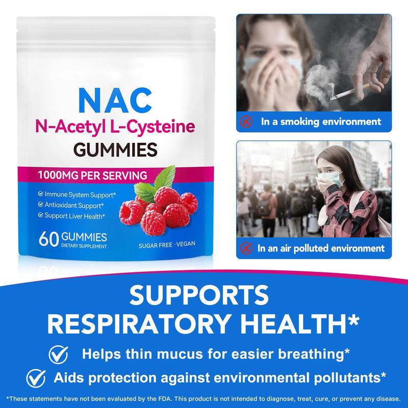 NAC N-Acetyl-Cysteine 1000mg Gummies, 60 Count | 30 Days Supply, Vegan N-Acetyl L-Cysteine Nutritional Supplements - Nac Supplement High Bioavailability Amino Acid for Skin & Hair