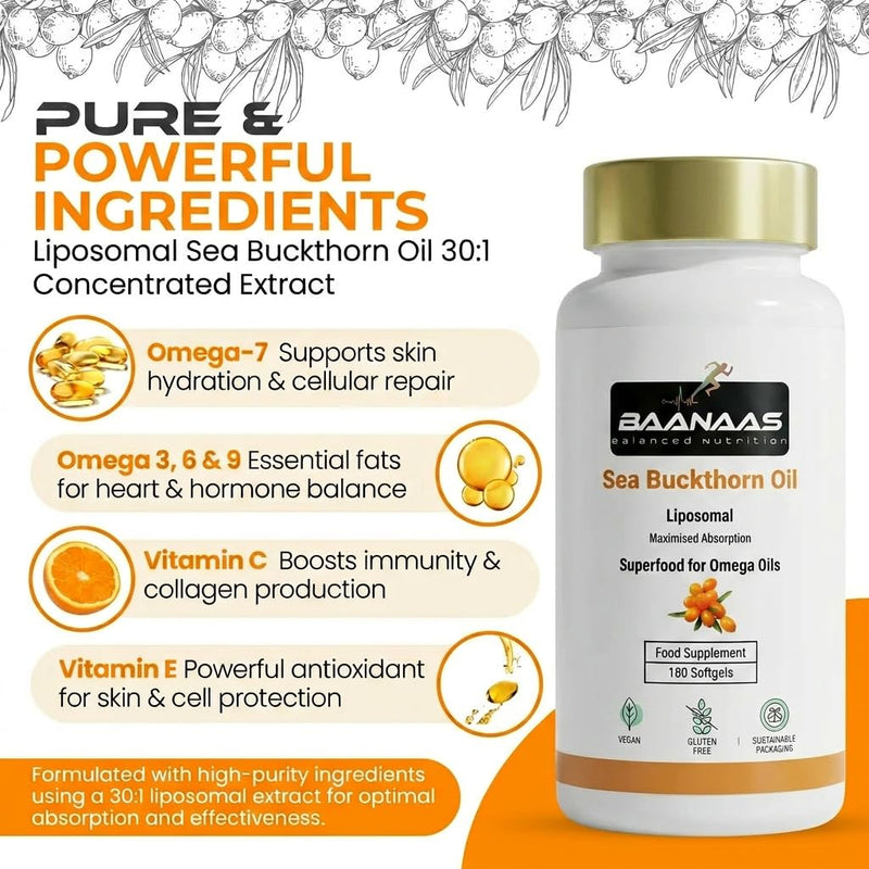 LIPOSOMAL Sea Buckthorn Oil Capsules 30,000mg | 180 Count | High Strength Vegan Supplement | Source of Omega 7 Essential Fatty Acids | No Artificial Preservatives | by Baanaas
