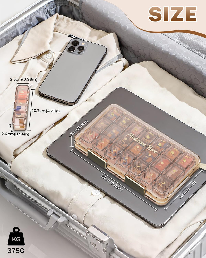Weekly Pill Organizer 3x a Day - 7 Day Pill Box with 21 Compartments (Morning/Noon/Night), BPA-Free Daily Pill Case, Portable Medicine Organizer for Vitamins, Supplements & Medication【Upgrade】 (Brown) Brown