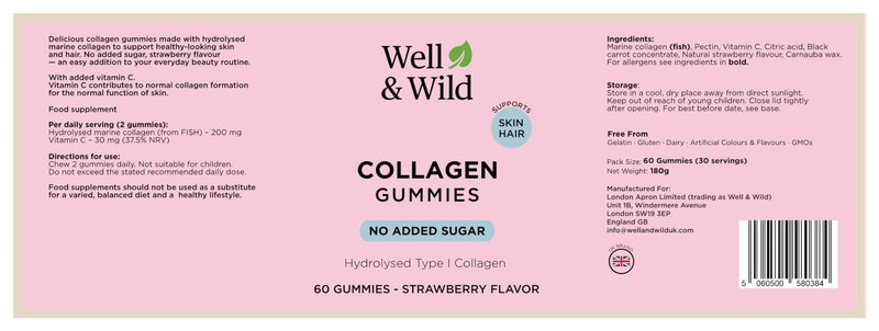 Well & Wild Collagen Gummies with Vitamin C – Marine Collagen Supplement for Skin & Hair Support – No Added Sugar – Strawberry Flavour – 60 Gummies (30 Day Supply)