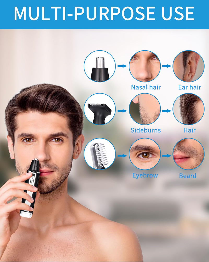 [Australia] - Birshe nose hair trimmer, nose hair trimmer, eyebrow trimmer, 3 in 1 set, ear hair trimmer with socket, pain-free facial hair trimmer for men and women, IPX7 waterproof, easy to clean 